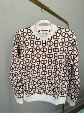 Hermes White and Brown Logo-Print Crewneck Sweater